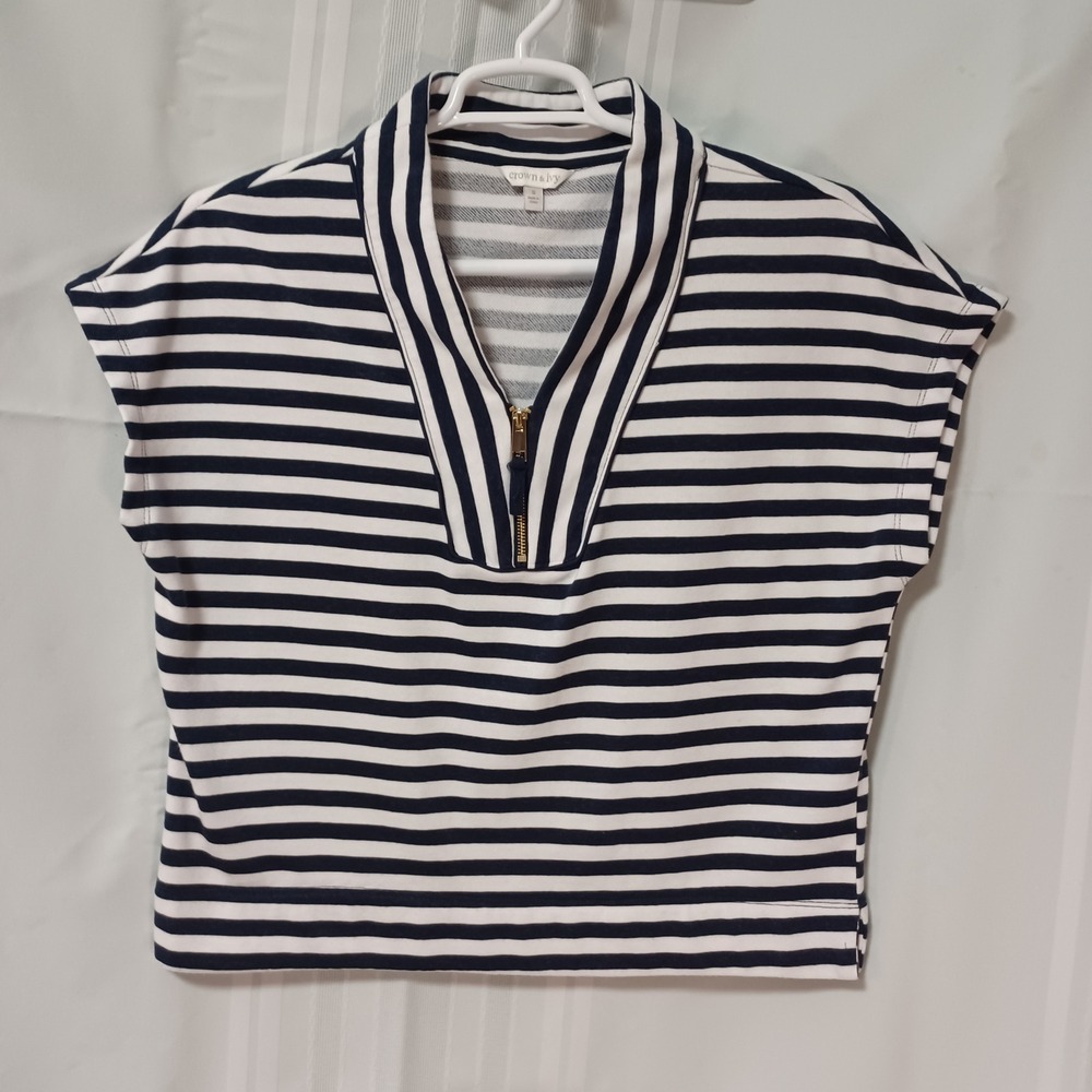 Crown & Ivy Womens Navy White Striped Quarter Zip Sleeveless Knit Top‎ Small